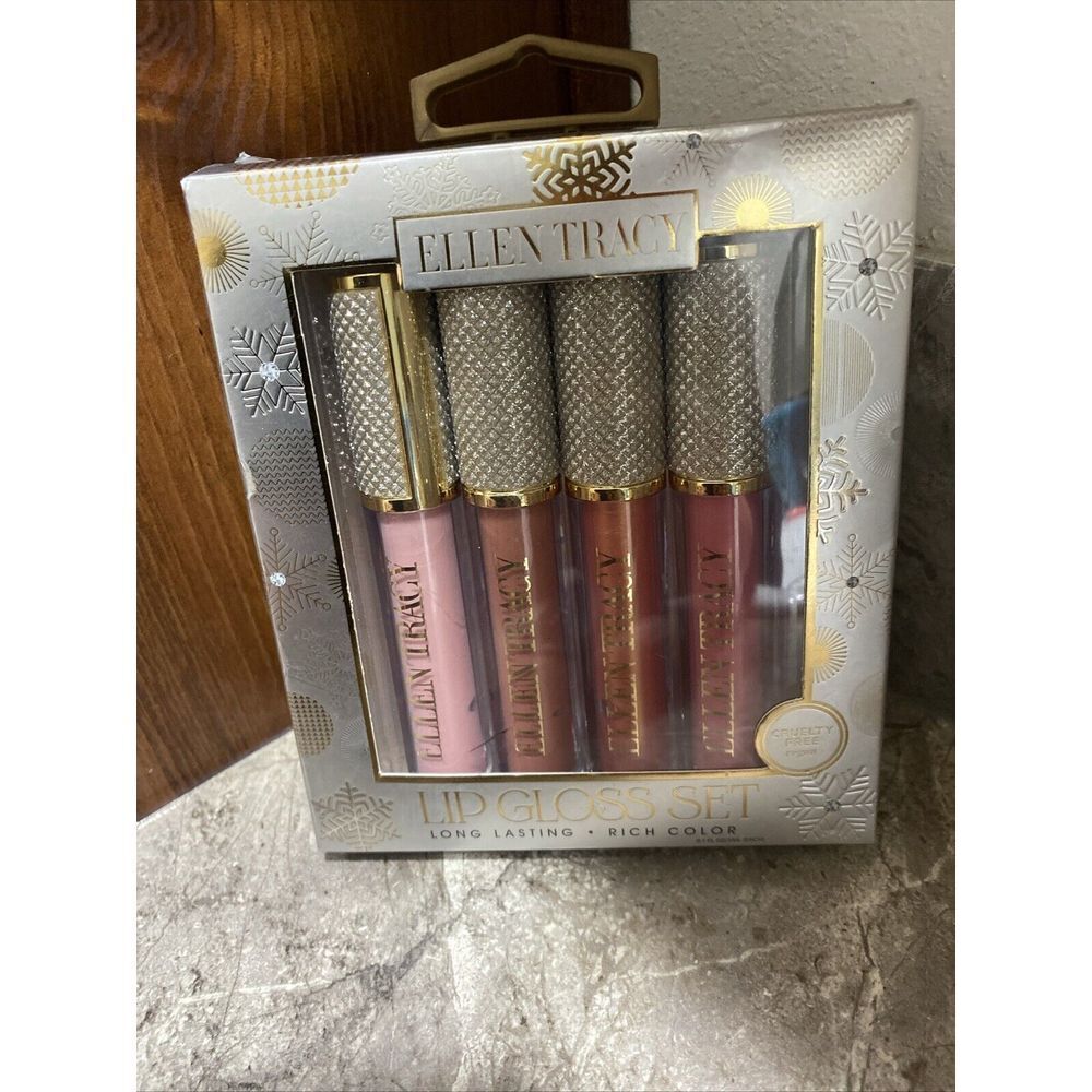 Ellen Tracy Lip Gloss Set 4pc Each 0.10oz NIB Winter Pinks Snowflakes Diamonds